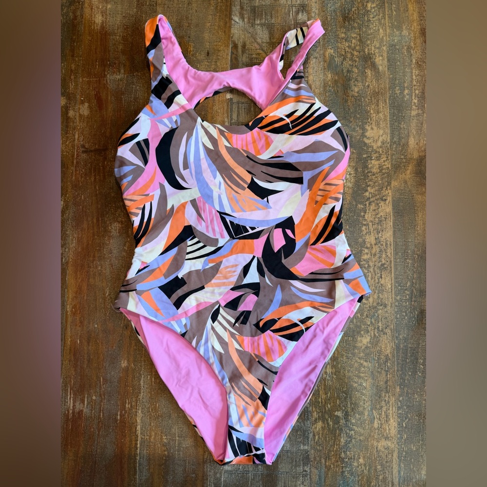 Womens Pink Multicolor Leaf-Print One-Piece Swimsuit